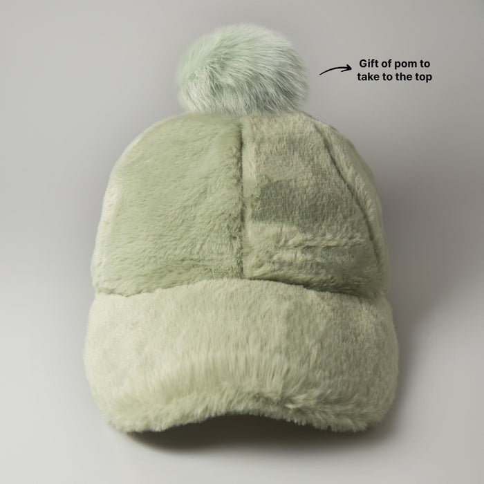 Fur Pom Baseball Cap - Mint Green
