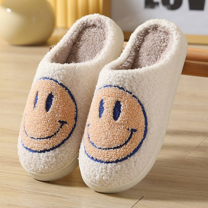 Retro Happy Face Slippers - White Background with Yellow Face