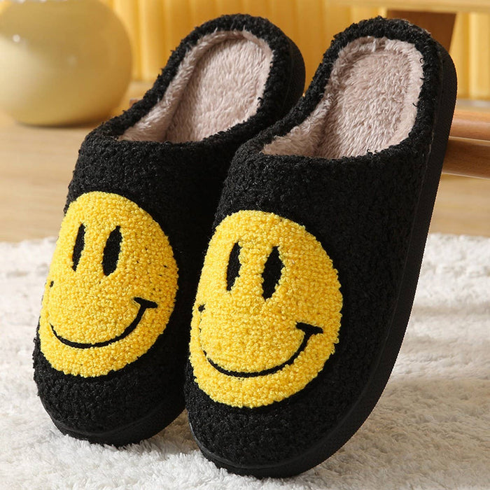 Retro Happy Face Slippers - White Background with Yellow Face