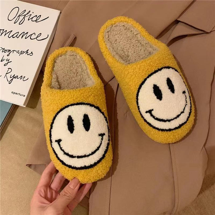 Smiley Face Plush Slippers - Yellow