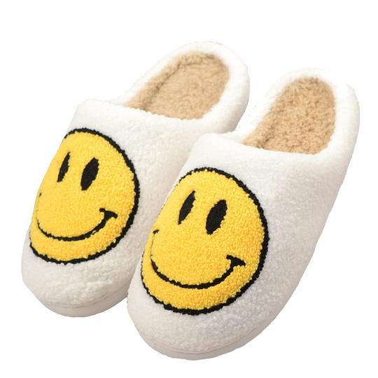 Smiley Face Plush Slippers - White