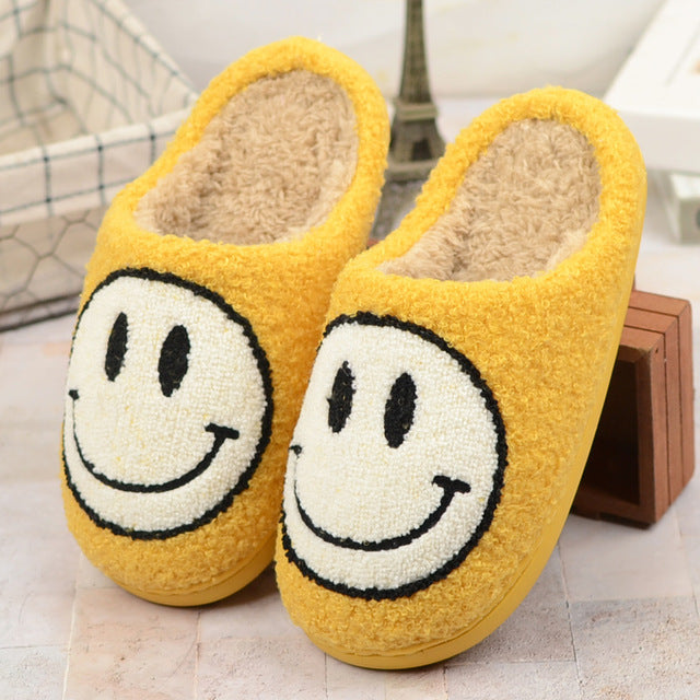 Smiley Face Plush Slippers - Yellow