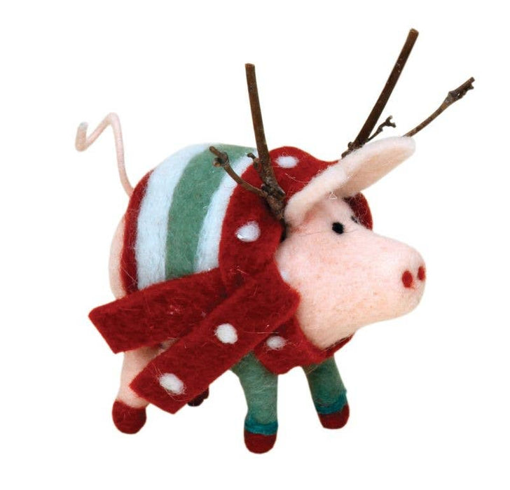 Felted Pig w/Striped Sweater Ornament