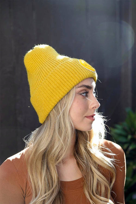 Smiley Face Ribbed Beanie - Yellow