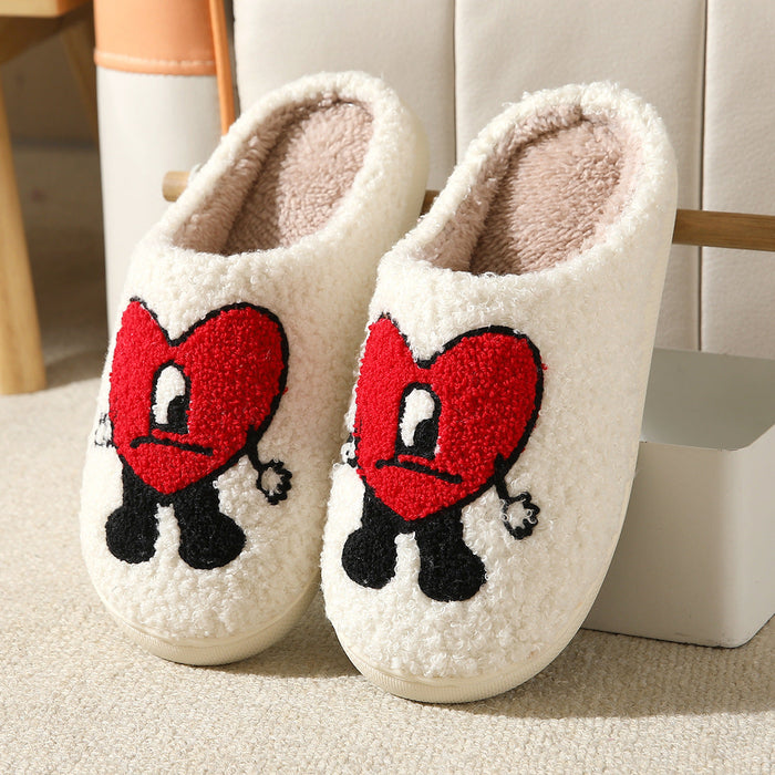 Heart Face Plush Slippers - Red