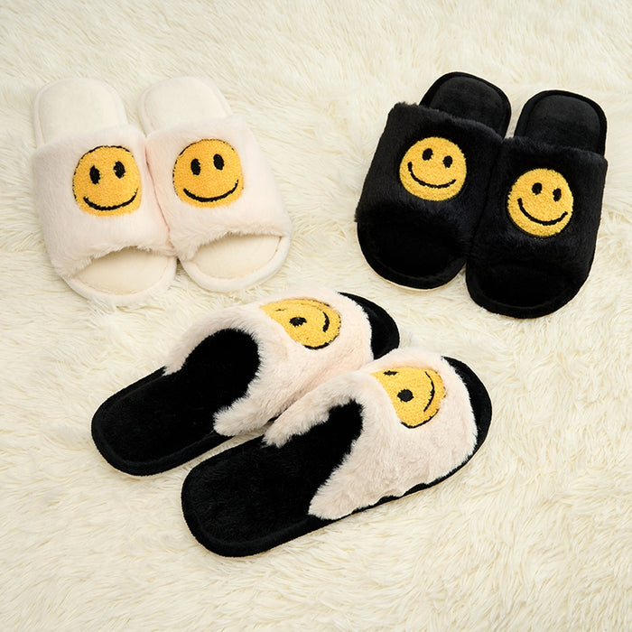 Smiley Face Open Toe Slippers - Black