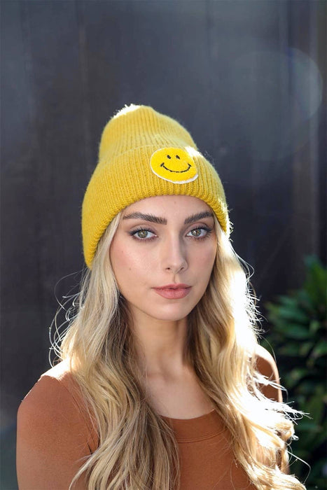 Smiley Face Ribbed Beanie - Yellow