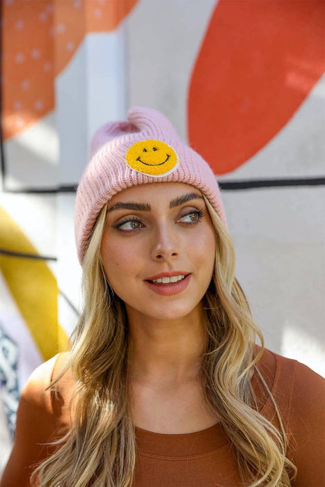 Smiley Face Ribbed Beanie - Pink